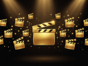Golden premiere win screen with clapperboard bonus icons